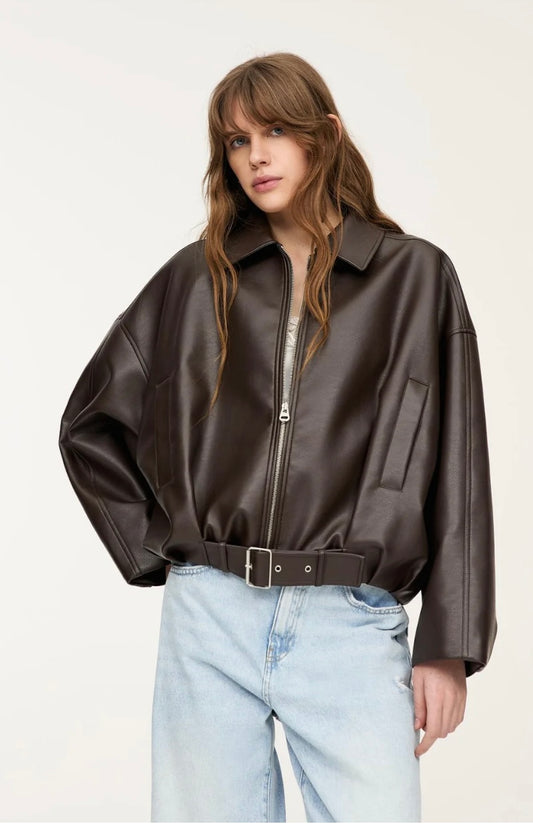 Oversized Belted Faux Leather
Bomber