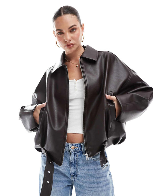 Oversized Belted Faux Leather
Bomber
