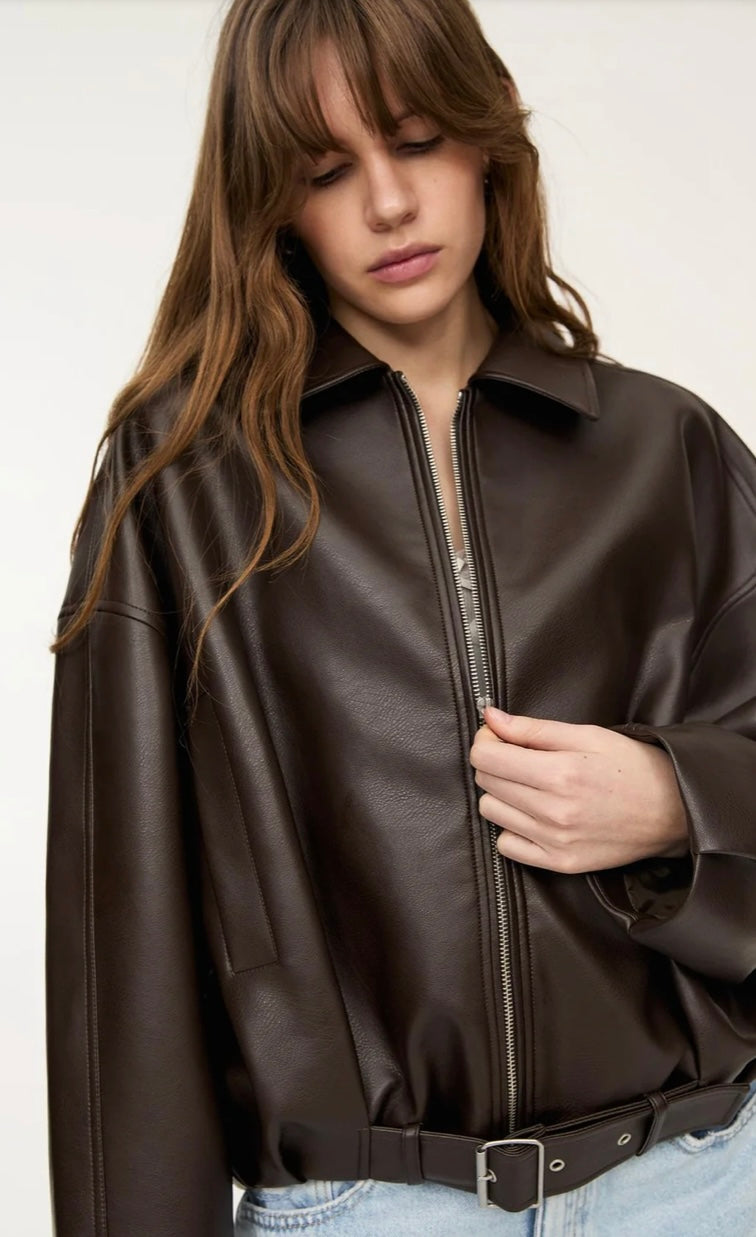 Oversized Belted Faux Leather
Bomber