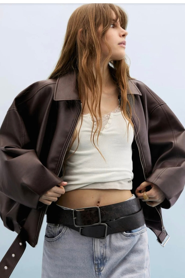 Oversized Belted Faux Leather
Bomber