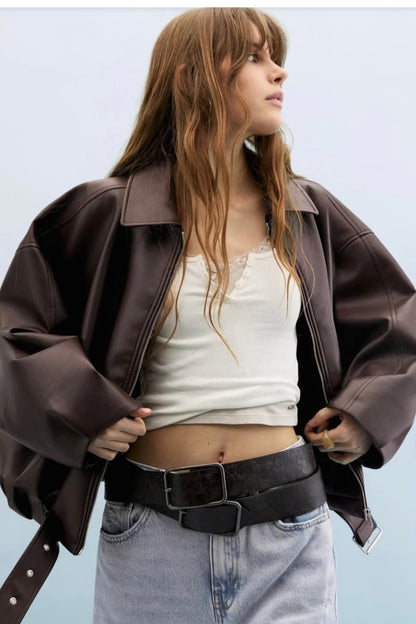 Oversized Belted Faux Leather
Bomber